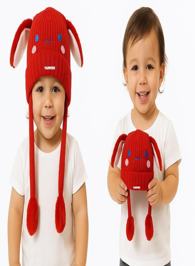 Yanwenx Bunny Cap with Moving Ears for Kids (1-10 Yrs) | Plush Wool Winter Hat | Cute Girls Headwear & Funny Cap_Red - Image 4